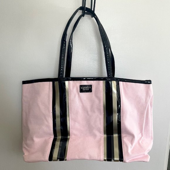 New Victoria's Secret Pink Canvas with Black Gold Stripe Weekender Tote Bag - Picture 2 of 11